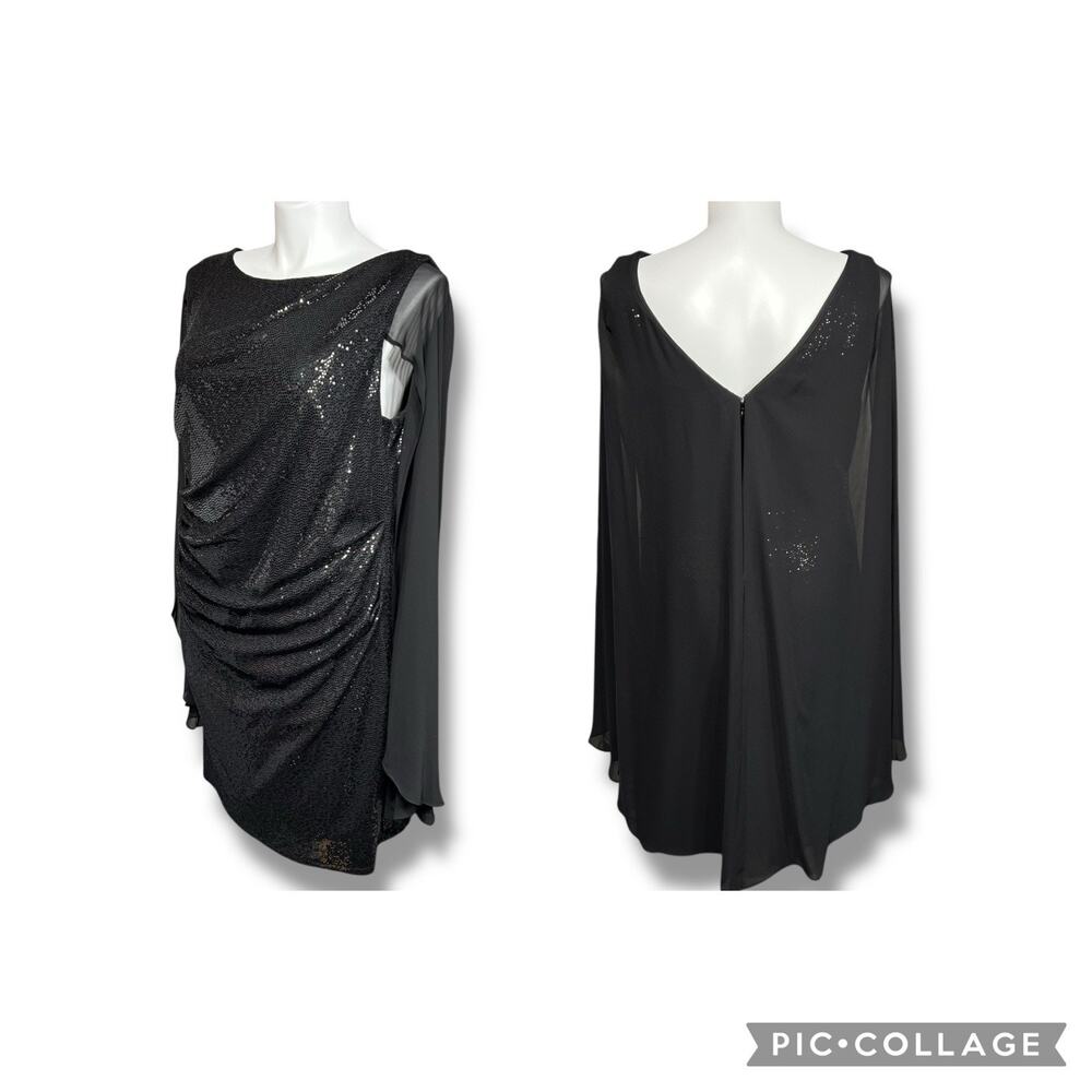 R&M Richards 16W Black Sequin Cape Sheath Midi Cocktail Evening Formal Dress